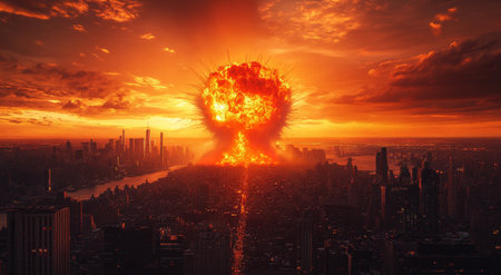 A powerful explosion erupts in a city, creating a large fireball amidst a vibrant sunset. Smoke rises into the sky, contrasting with the urban landscape below.の素材
