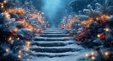 A stairway leads through a snowy landscape decorated with twinkling lights and festive ornaments, evoking a magical winter atmosphere during the holiday season.の素材