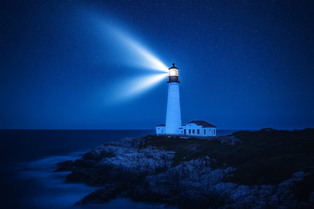 A tall lighthouse stands on a rocky coastline, its light illuminating the dark sea and starry night sky. Waves crash gently against the stones, creating a serene atmosphere.の素材