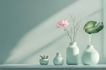 A minimalistic features display delicate lotus flowers and lush leaves in simple vases, creating a serene ambiance against a pastel green backdrop.の素材