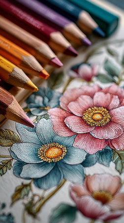 Brightly colored flowers filled with intricate details stand out on textured paper, surrounded by sharpened colored pencils ready for more artistic work and vibrant hues to be added.の素材