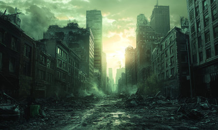 An eerily quiet city street shows tall, decaying buildings surrounded by debris and overgrowth.の素材