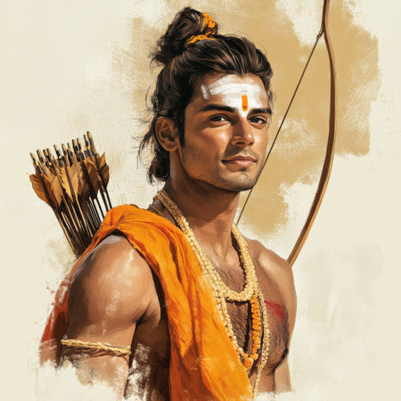 A young male warrior stands confidently amid a warm, golden sunrise. Dressed in traditional attire, he carries a bow and arrows, symbolizing strength and valor.の素材