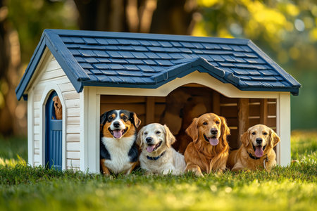 Two playful dogs sit outside a small, vivid blue house surrounded by lush greenery. One dog peeks out from the door enjoying a sunny afternoon in the garden.の素材