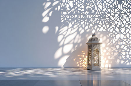 A decorative lantern stands against a wall, projecting beautiful, patterned shadows. The afternoon light enhances the design, creating a warm and inviting atmosphere in the room.の素材
