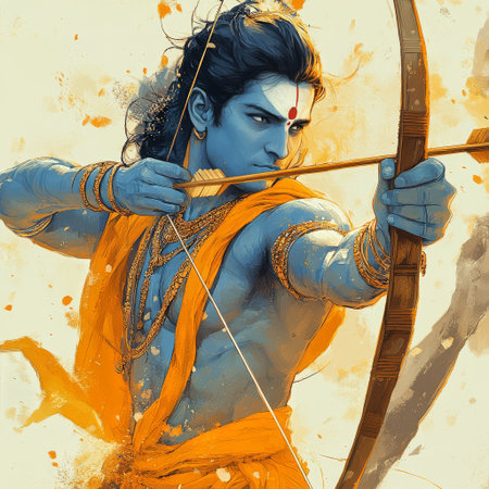 Mythological hero, depicted with blue skin and traditional attire, draws a bow with focused determination against a backdrop of golden clouds.の素材