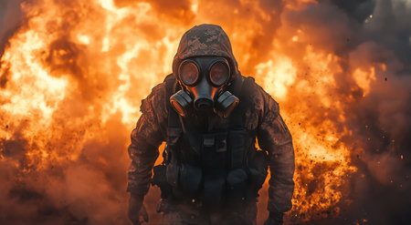 A soldier in gas mask and tactical attack advances through fiery chaos, displaying bravery amid smoke and explosions during a conflict situation.の素材