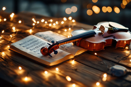 A beautifully arranged violin lies next to an open music sheet, illuminated by warm fairy lights, creating a cozy atmosphere perfect for music lovers in the evening.の素材