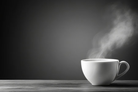 A white coffee cup filled with steaming hot brew sits on a rustic wooden table. The atmosphere is calm, evoking a sense of tranquility at dawn.の素材