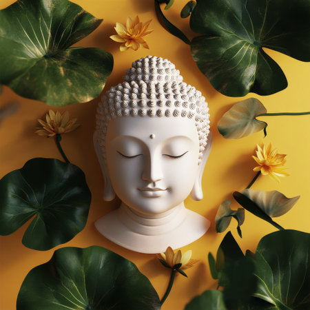 A peaceful Buddha statue emerges from a shimmering pond filled with blooming lotus flowers, creating a tranquil atmosphere enhanced by the soft purple backdrop at dusk.の素材