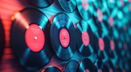 Vinyl records create a vibrant art installation displayed at a music event, showcasing various colors and reflections in an engaging atmosphere.の素材