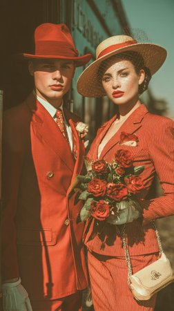 A stylish couple stands close together, dressed in colorful vintage outfits. They hold a rose, sharing a romantic moment by a vintage train, under an overcast sky.の素材