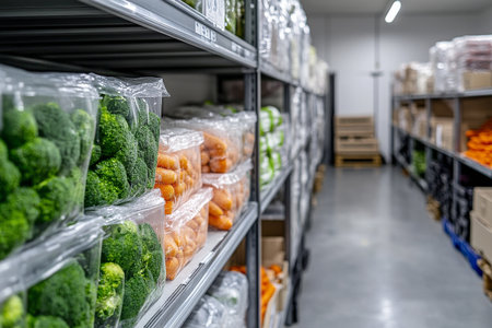 Bright green broccoli and vibrant orange carrots are organized on shelves in a storage warehouse. Fresh produce is stored in plastic bags, ready for distribution.の素材