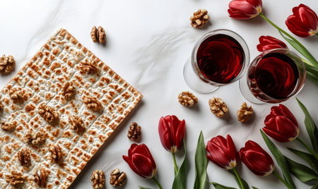 A vibrant arrangement features red tulips, traditional matzo, walnuts, and glasses of red wine. This festive setting captures the essence of a joyful spring gathering.の素材