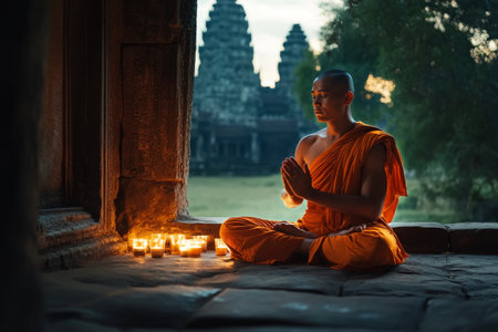 A monk sits in meditation at an ancient temple, surrounded by candles and lush greenery during early morning light, creating a tranquil atmosphere for introspection.の素材