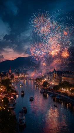 Colorful fireworks burst over a river lined with boats and illuminated buildings as people gather to celebrate a festive summer evening.の素材