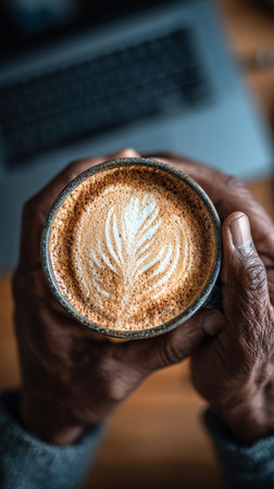 An elderly person holds a cup of warm latte featuring intricate leaf art. The setting is a cozy indoor space with a blurred laptop in the background, creating a relaxing atmosphere.の素材