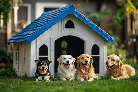 Four playful dogs relax in a lush green yard, sitting in front of a vibrant dog house. The sun shines brightly, creating a joyful atmosphere among the pets.の素材