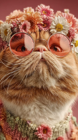 A fluffy cat with pink-tinted glasses and a vibrant flower crown confidently poses against a soft pink background, showing its charming personality and stylish accessories.の素材