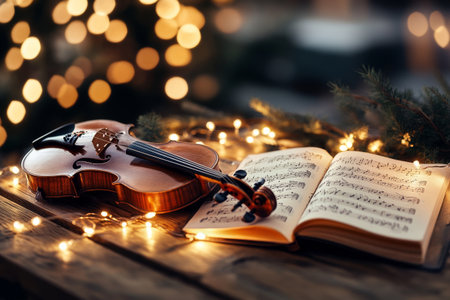 A beautiful violin lies on an open book of sheet music adorned by glowing twinkling lights, creating a warm and inviting ambiance perfect for musical inspiration.の素材