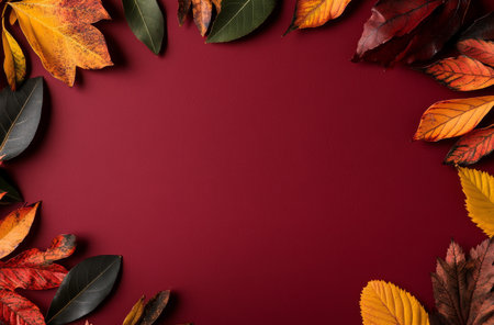 A collection of assorted autumn leaves in warm shades of orange, yellow, and brown frames a bold red background, creating a cozy and inviting fall atmosphere for seasonal decoration.の素材