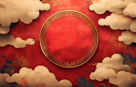 A striking red wall adorned with a golden circular motif, surrounded by fluffy decorative clouds. This artwork reflects a blend of traditional and modern elements.の素材