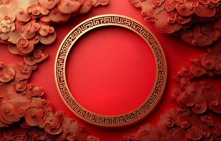 A striking red wall adorned with a golden circular motif, surrounded by fluffy decorative clouds. This artwork reflects a blend of traditional and modern elements.の素材