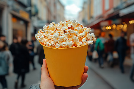 A person holds a large yellow bucket filled with popcorn while surrounded by a lively street market bustling with people and colorful shops during the day.の素材