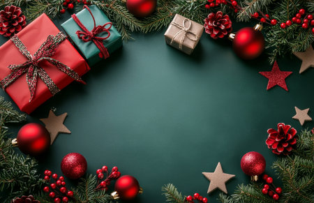 Colorful holiday decorations showcase shiny ornaments and wrapped gifts nestled among evergreen branches. Perfect setting for winter celebrations and festive gatherings.の素材