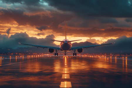 An airplane stands at the end of a runway as the sun sets, casting vibrant colors in the sky and reflecting off the wet pavement and surrounding mountains in the background.の素材