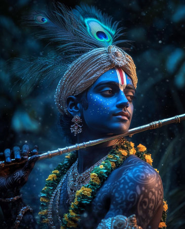 A young performer plays a flute, dressed in vibrant traditional attire with intricate jewelry. The scene is illuminated by soft blue light, enhancing the magical atmosphere.の素材