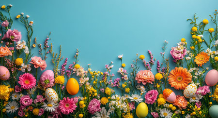 A vibrant arrangement of spring flowers and decorative eggs is displayed against a blue background, capturing the joy of the Easter holiday and celebrating the arrival of springtime.の素材