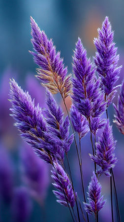 A vibrant display of fluffy flowers in pink and purple hues sways gently in a soft background, creating a serene and joyful atmosphere in a garden or natural setting.の素材