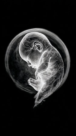 This artwork showcases a detailed view of a developing fetus inside the womb, highlighting the intricate features and form during early pregnancy.の素材