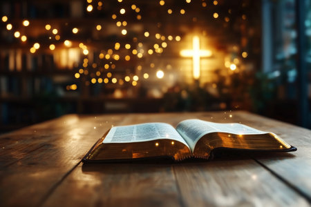 An open book rests on a wooden table, surrounded by soft, warm lights in a cozy setting. The ambiance creates a peaceful atmosphere, ideal for reflection and study.の素材