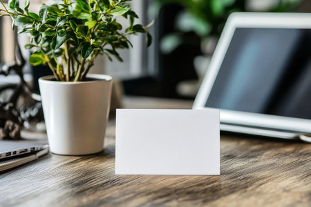 A blank card sits next to a laptop on a wooden table, accompanied by a small potted plant. Soft natural light enhances the workspace, creating an inviting atmosphere.の素材