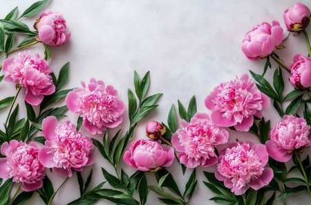 Delicate pink peonies with lush green leaves are arranged in a stylish pattern on a light textured surface, creating an elegant floral display perfect for springtime decor.の素材