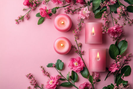 Three candles burn softly among vibrant pink flowers and delicate leaves, creating a calming atmosphere perfect for relaxation or a special occasion.の素材
