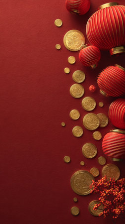A festive display showcases traditional red lanterns and gold coins arranged against a rich red background, emphasizing cultural celebration and prosperity.の素材