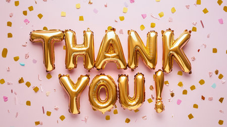 A cheerful features display gold balloons forming the words thank you against a pink backdrop, surrounded by colorful confetti, creating a festive atmosphere for gratitude.の素材