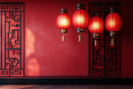 Four intricately designed red lanterns dangle from the ceiling against a rich crimson backdrop, creating a warm and inviting atmosphere perfect for celebrations.の素材