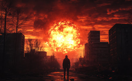 A solitary figure stands in an abandoned city during dawn. The sky is ablaze with fiery colors, and a radiant sun rises amidst dark clouds, creating an ominous atmosphere.の素材