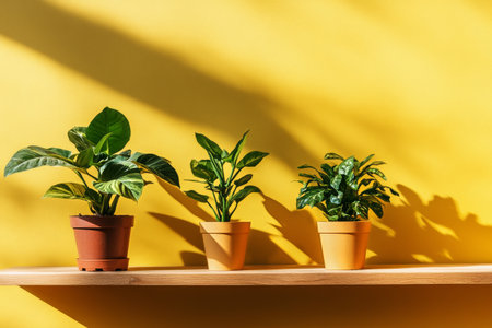 Three potted plants, including a fern and a monstera, are arranged on a wooden shelf against a vibrant yellow wall, creating a refreshing atmosphere in a living space.の素材