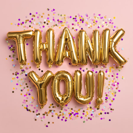 Golden foil balloons spell out thank you while surrounded by vibrant confetti on a soft pink background, ideal for expressing gratitude at celebrations or events.の素材