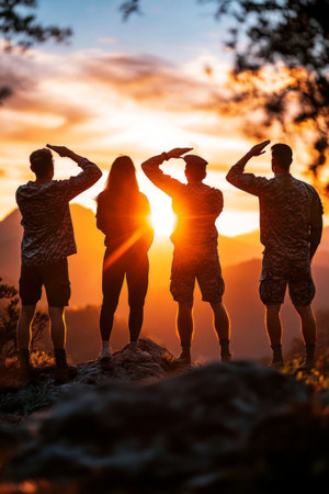 Four individuals, three in military attire and one civilian, salute the setting sun in a picturesque mountainous area. The warm colors of the sunset create a serene atmosphere.の素材