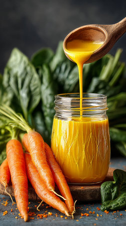 Fresh carrots and greens surround a jar filled with vibrant carrot soup, gracefully drizzled with a wooden spoon, showing rich colors and textures in a cozy kitchen atmosphere.の素材