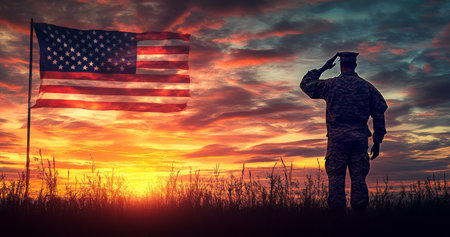 A soldier stands in a field, saluting the American flag as the sun sets, casting vibrant colors across the sky. This moment captures respect and patriotism during twilight.の素材