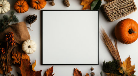 Colorful autumn decorations featuring pumpkins, leaves, and pinecones are arranged around a blank square frame on a white surface. The display captures the essence of the season.の素材