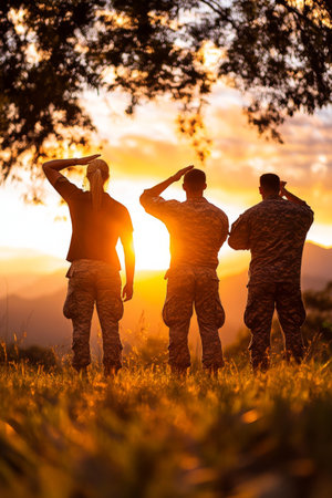 Four individuals, three in military attire and one civilian, salute the setting sun in a picturesque mountainous area. The warm colors of the sunset create a serene atmosphere.の素材