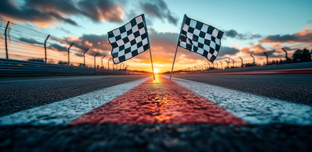 Two checkered flags stand at the finish line of a racetrack, illuminated by a vibrant sunset. The sky features hues of orange and purple, creating a stunning backdrop for the event.の素材